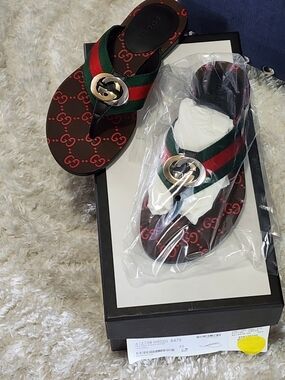 Gucci Women's GG Logo Web Stripe Leather Flip Flop Sandals